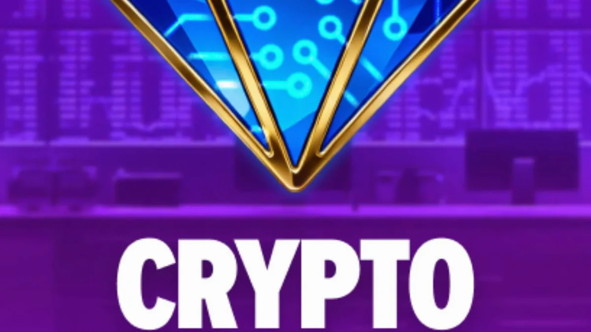 Tangkapan layar permainan slot Crypto Crown 20 yang menampilkan gulungan 5x3 dengan simbol kripto dan buah neon di latar belakang futuristik.