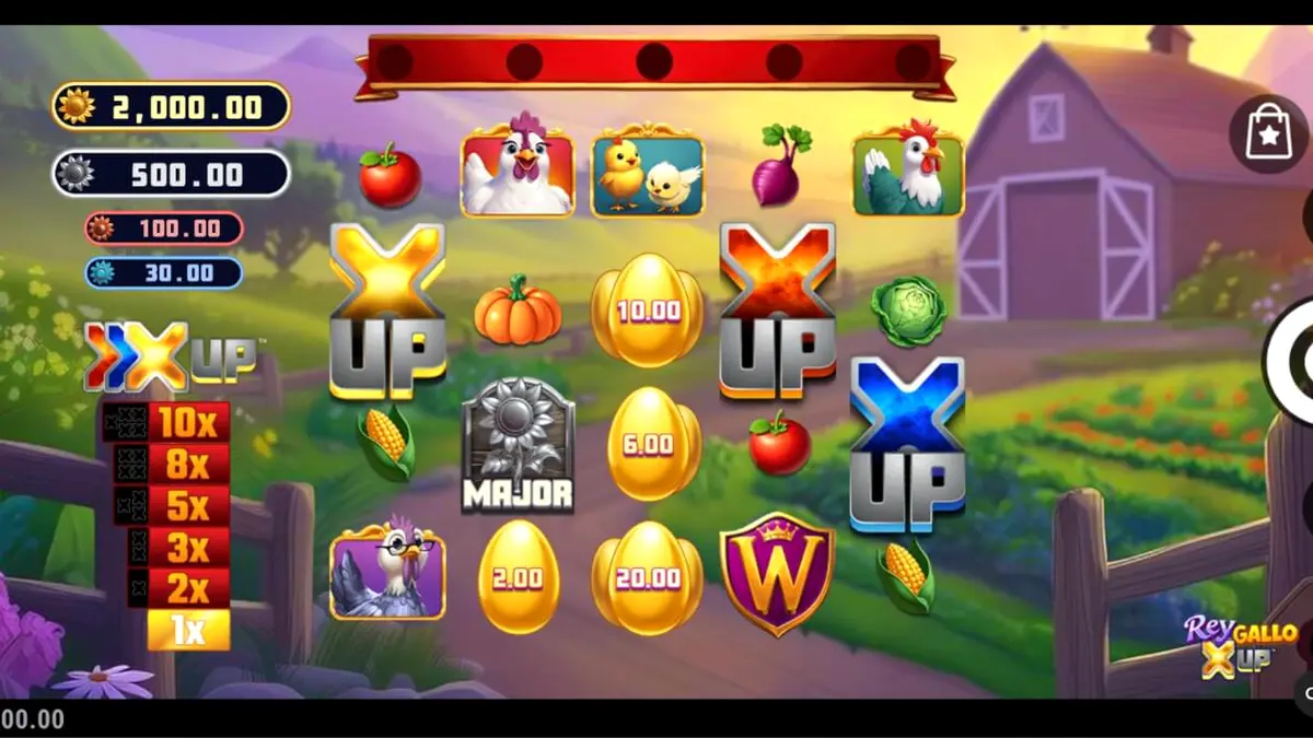 Tampilan visual slot Rey Gallo X UP dengan tema peternakan dan simbol ayam jago.