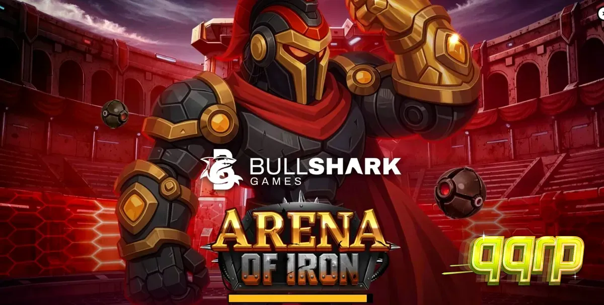 Arena of Iron slot game interface dengan latar belakang gladiator robot futuristik